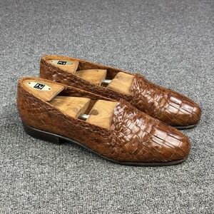 Moreschi Woven Leather Loafers Mens 10 Brown Handmade Italy Basket Weave Slip On